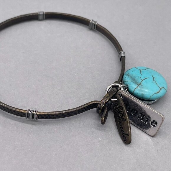 Plunder Moxie Faux Turquoise Charm Cuff Bangle Bracelet Hammered - Picture 2 of 4